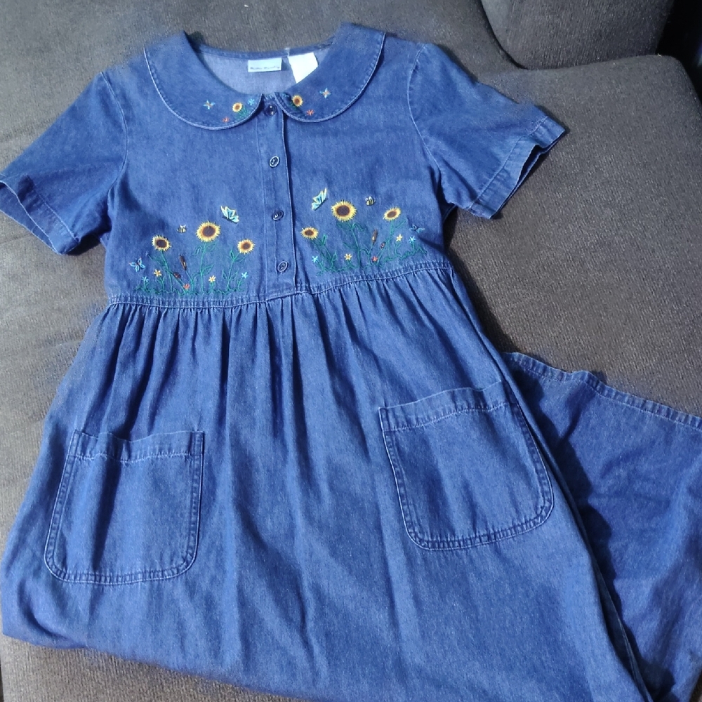 Bobbie Brooks Denim Blue Kids Dress with Floral Embroidery